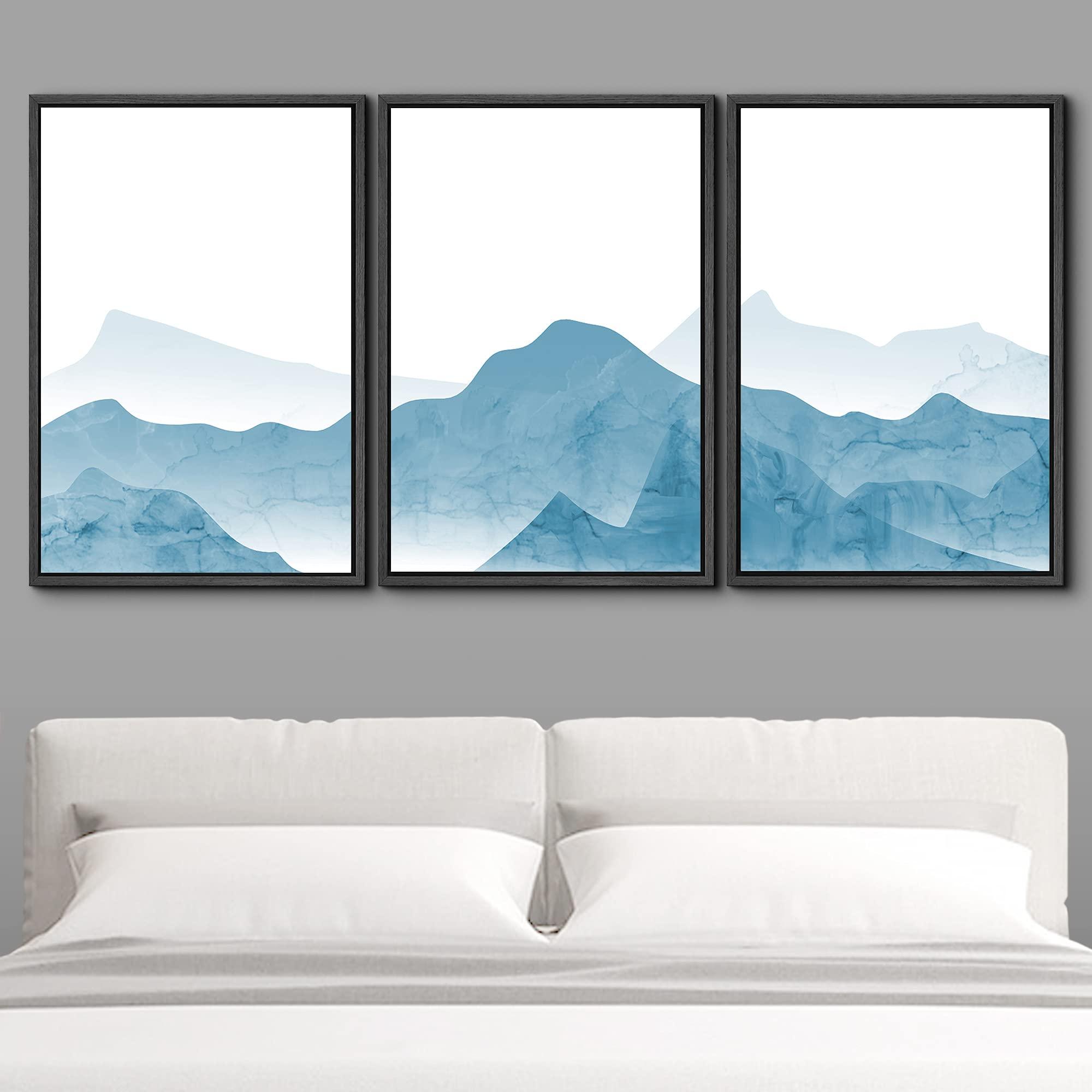 SIGNWIN SIGNWIN Framed Canvas Print Wall Art Blue Transparent Mountain Range Nature Wilderness Illustrations Modern Art Rustic Scenic Relax/Calm Cool for Living Room, Bedroom, Office - 24\"x36\"x3 Black