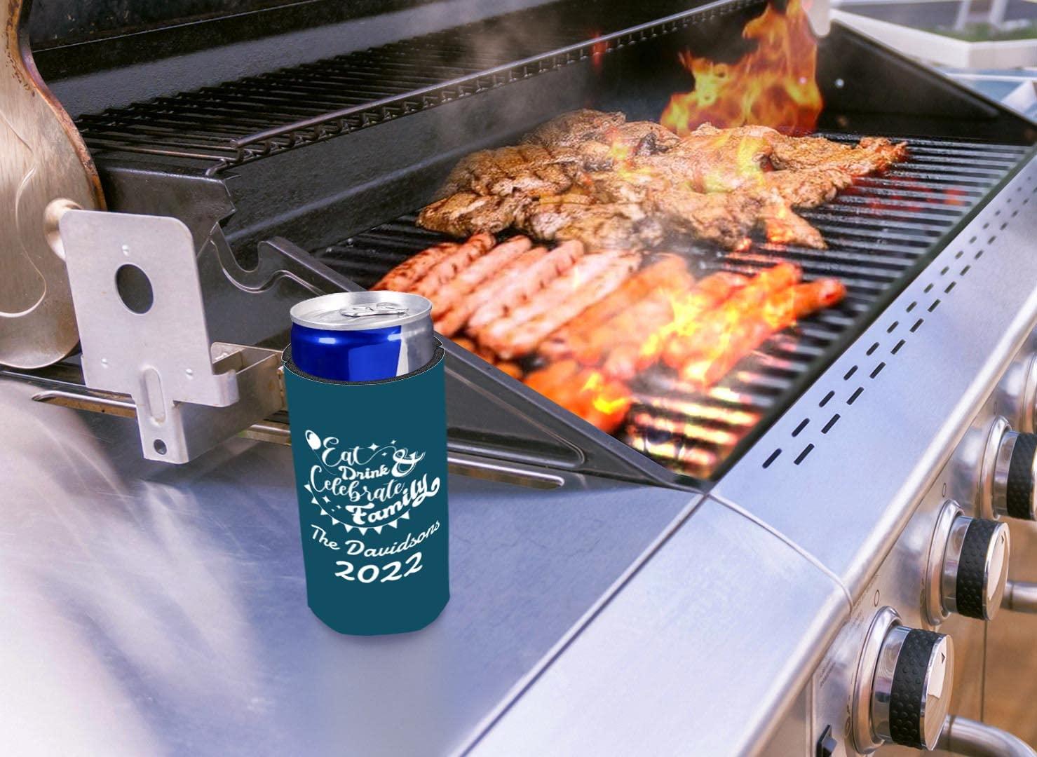 Personalized Gifts Custom Family Reunion Gifts Personalized Eat Drink Celebrate Family 6-Pack Personalized Ultra Slim Drink Sleeves Dark Teal