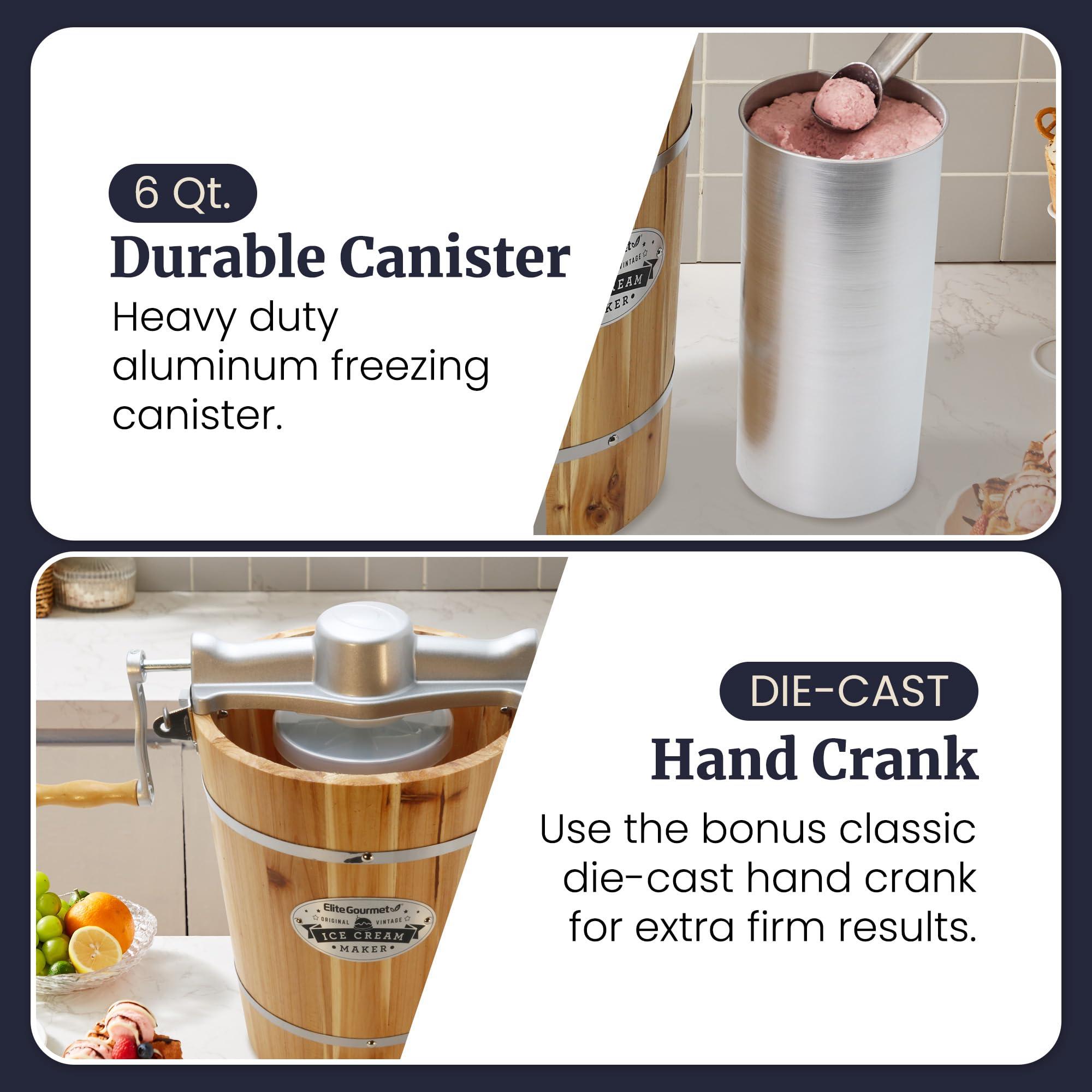 Elite Gourmet Elite Gourmet Old Fashioned 6 Quart Vintage Appalachian Wood Bucket Electric Ice Cream Maker Machine, *Bonus Classic Die-Cast Hand Crank for Churning, Uses Ice and Rock Salt Churns Ice Cream in Minute