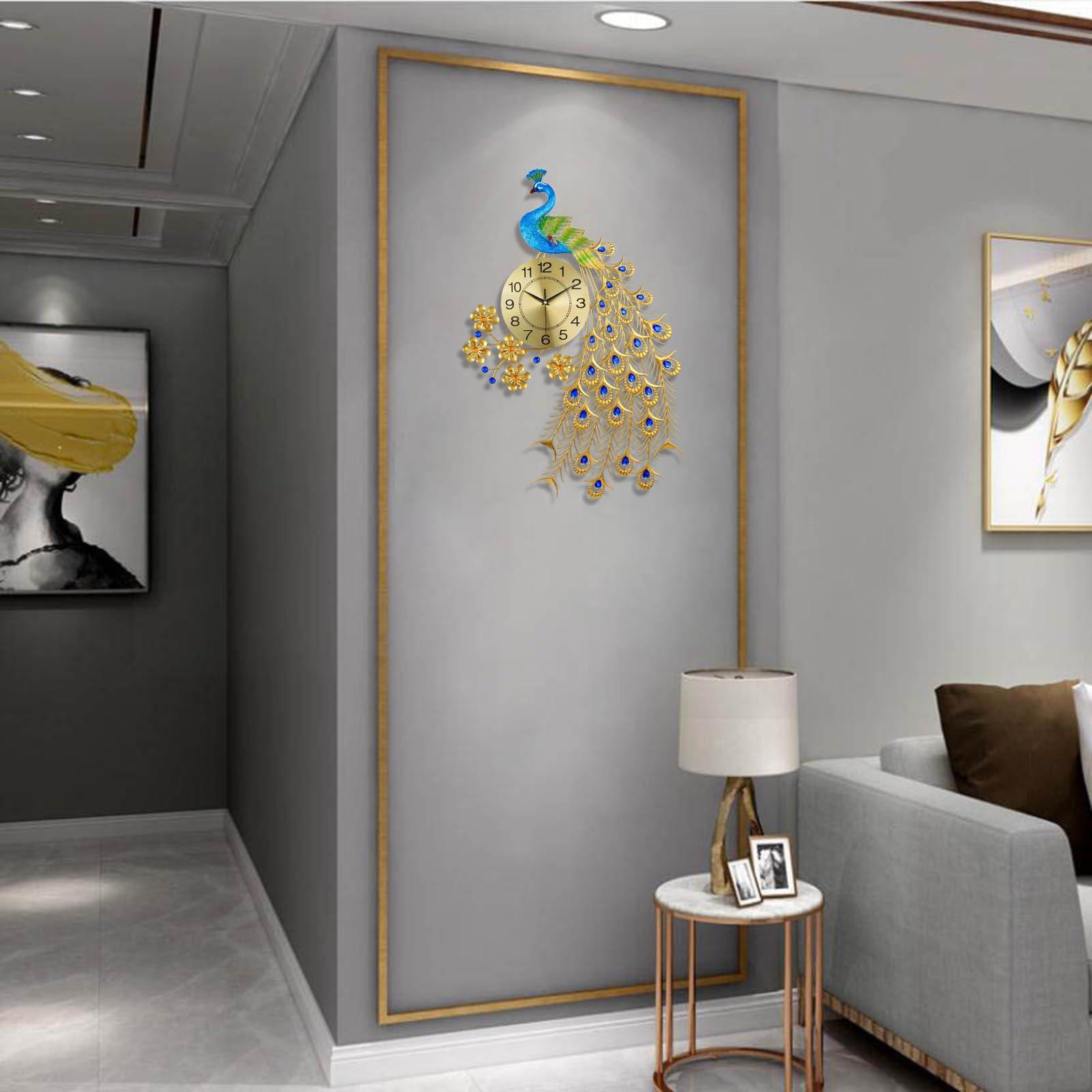 EURSON EURSON Large Peacock Wall Clock 31.5 inch Metal Design Non-Ticking Silent Art Digital Wall Clocks for Living Room Decor Gold