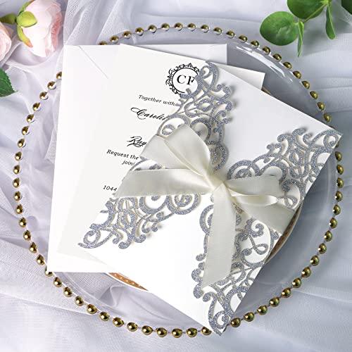 ponatia ponatia 25PCS 5.12 x 7.1 \'\' Champagne Gold Glitter Laser Cut Wedding Invitations Cards with Envelopes for 5x7 Invitation Cards Wedding Baby Bridal Shower Engagement Sweet 16 Birthday Invite