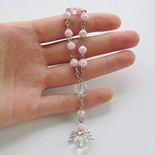 WE WE 24 Pcs Pink Mini Rosary baptism First Communion Favors with Angels for Girl Recuerdos de Bautizo Finger Rosaries Silver Plated