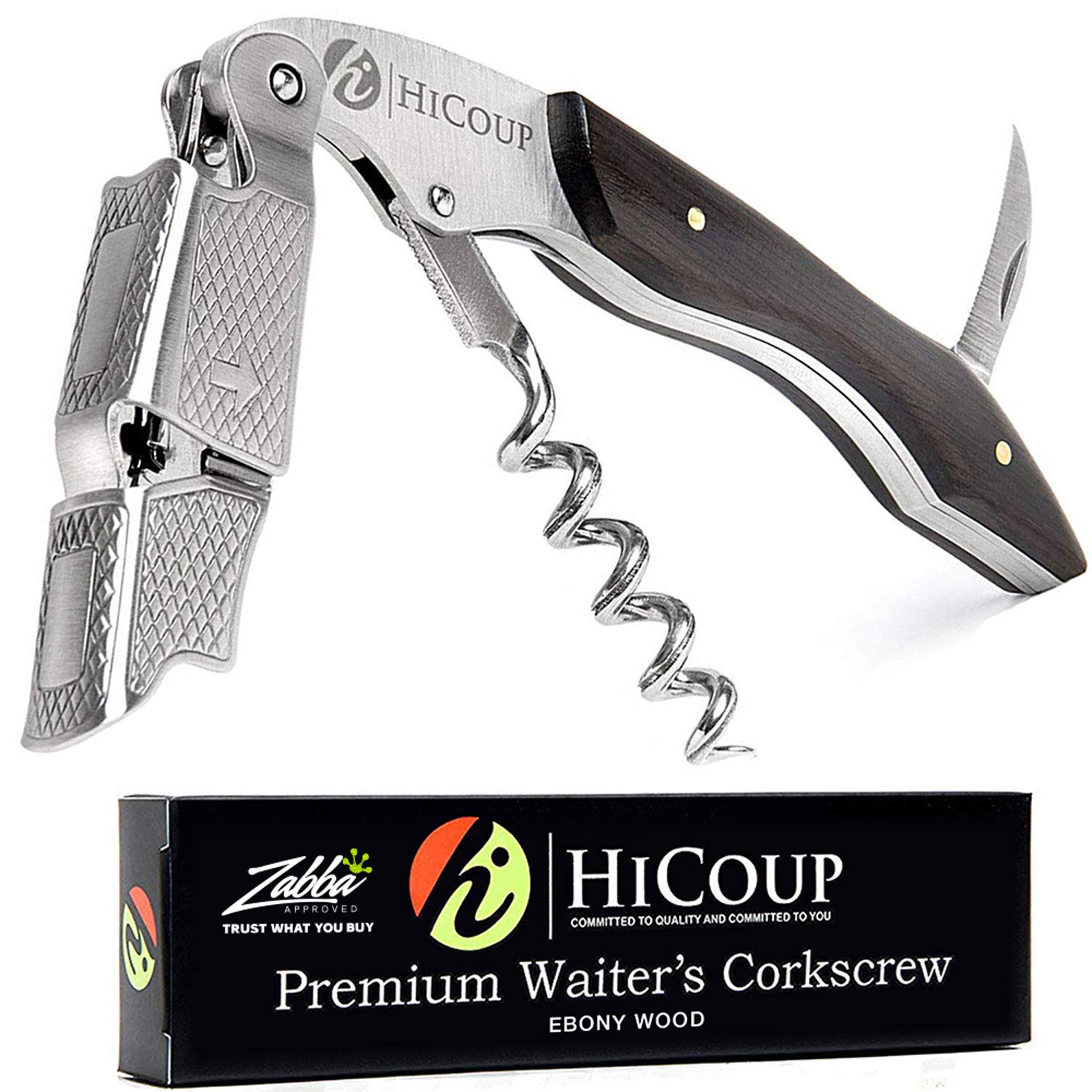 HiCoup Kitchenware Hicoup Wine Opener - Professional Corkscrews for Wine Bottles w/ Foil Cutter and Cap Remover - Manual Wine Key for Servers, Waiters, Bartenders and Home Use - Ebony Wood