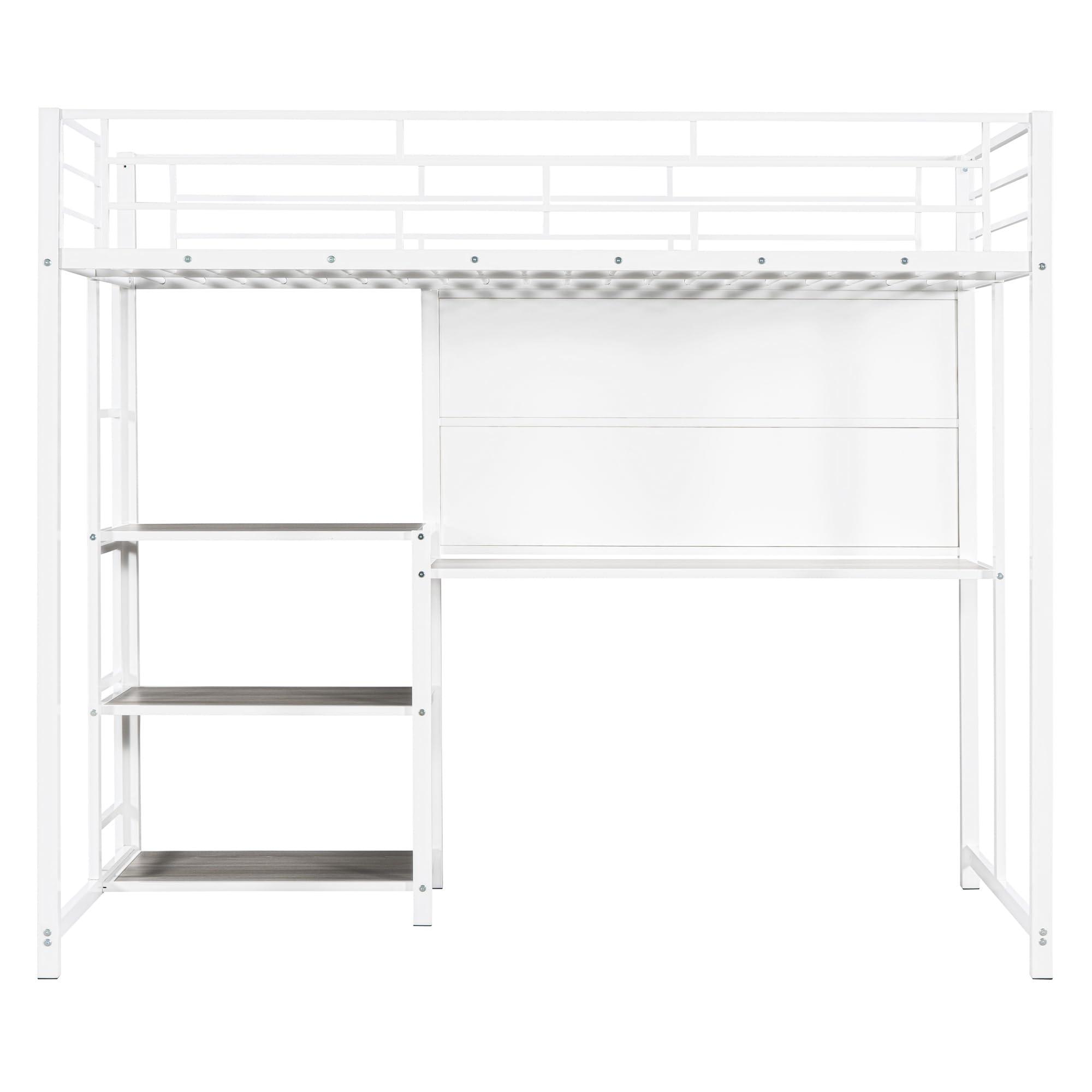 VilroCaz VilroCaz Twin Size Loft Bed with Desk and Whiteboard, Heavy Duty Metal Loft Bed Frame with 3 Shelves and Full-Length Guardrail for Bedroom Guest Room Apartment, Maximized Space (at-White)