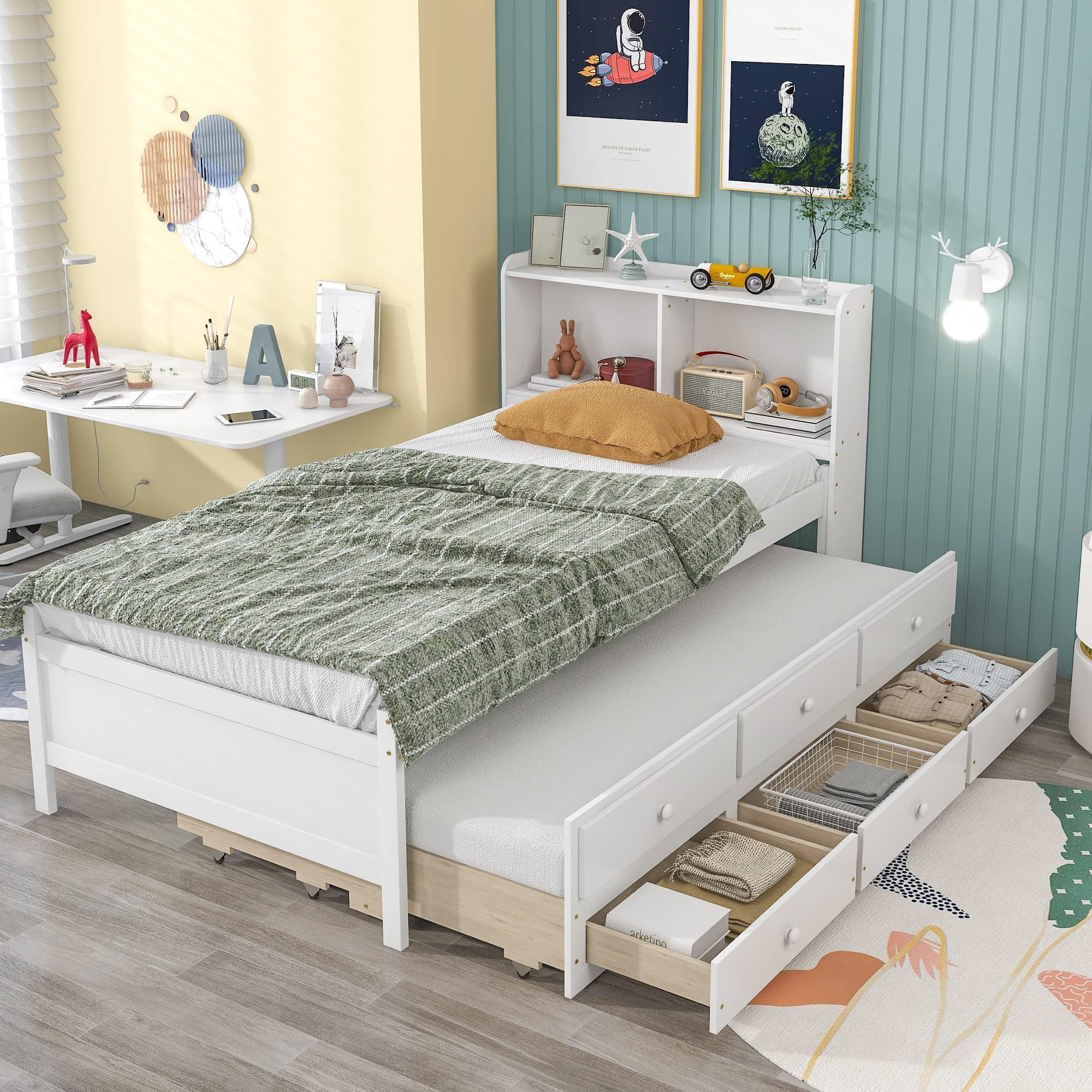 SOFTSEA SOFTSEA Twin Captains Bed with Trundle and Drawers, Twin Size Platform Bed with Bookcase Headboard, Wood Twin Storage Bed for Kids Teens Adults, White