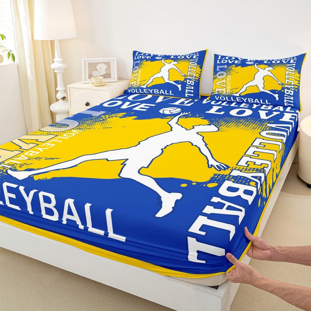Homewish Volleyball Player Kids Sheet King Size,Sports Games Competition Lover Bedding Set,Girls Boys Adults Room Decor,Yellow Graffiti Fashion Blue Chic Bed Sheet Set 4pcs(Fitted + Flat + 2 Pillowcases)
