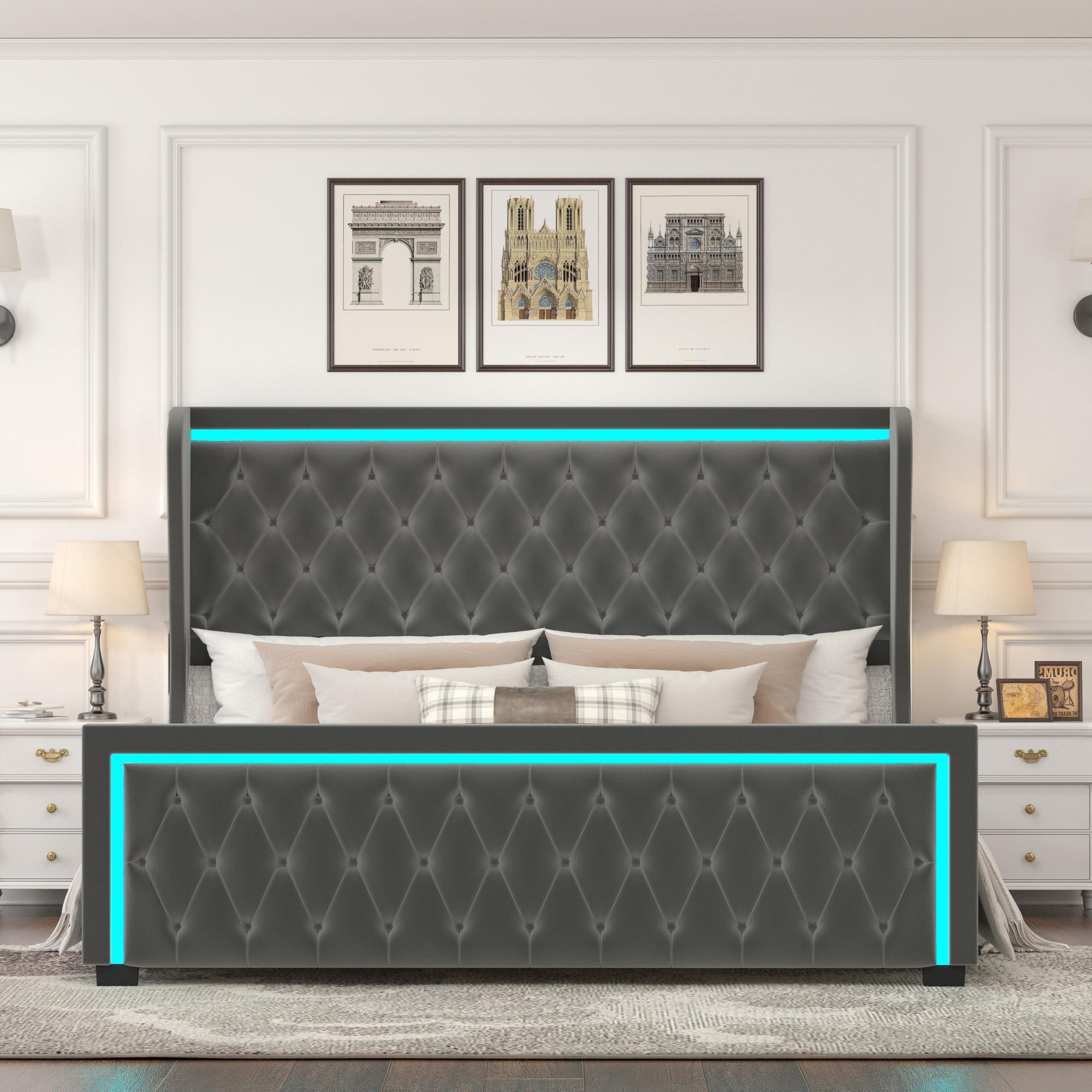 Bed Bath & Beyond Queen Velvet Platform Bed Frame with High Headboard and LED Light