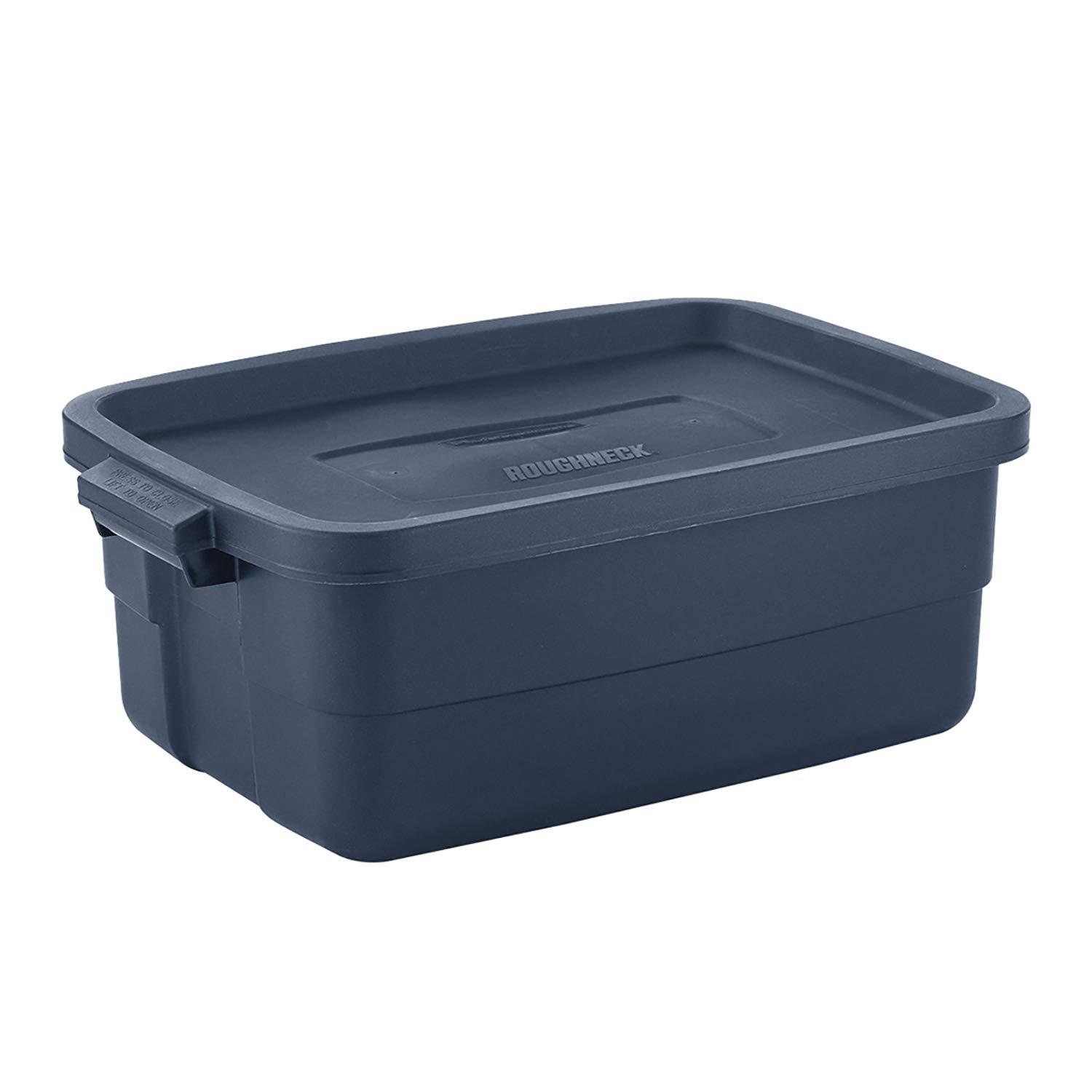 Rubbermaid Rubbermaid Roughneck Tote 10 Gal, 8 Pack, Made in USA, Dark Indigo Metallic, Rugged Plastic Stackable Storage Bins with Lids and Handles
