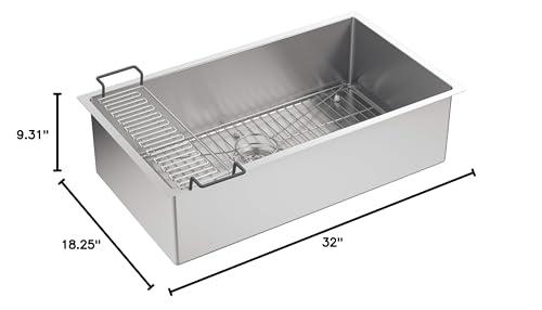 Kohler KOHLER K-5285-NA Strive 32 X 18-1/4 X 9-5/16-Inch Under-Mount Single Bowl Kitchen Sink with Basin Rack, Stainless Steel, 1-Pack