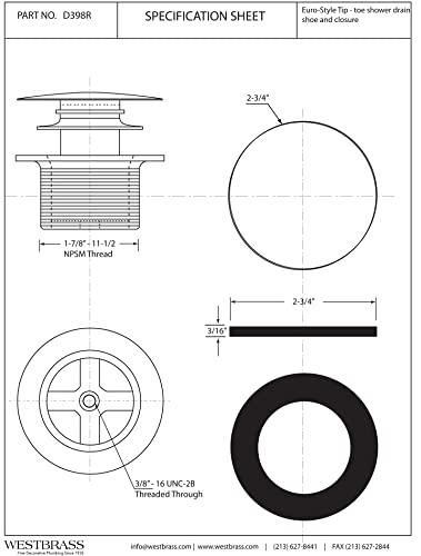 Westbrass Westbrass D398R-07 1-1/2\" NPSM Coarse Thread Mushroom Tip-Toe Bathtub Stopper Bath Drain, 1-Pack, Satin Nickel
