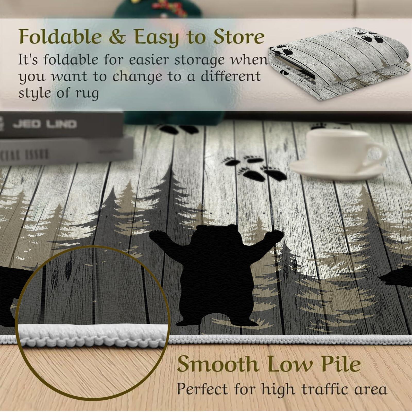 FACADUP Area Rug 7x8 Forest Trail Brown Bear Rugs, Wooden Silhouette Art Bear Carpet, Machine Washable Large Rugs for Apartment Villa Hotel Meeting Room Farmhouse