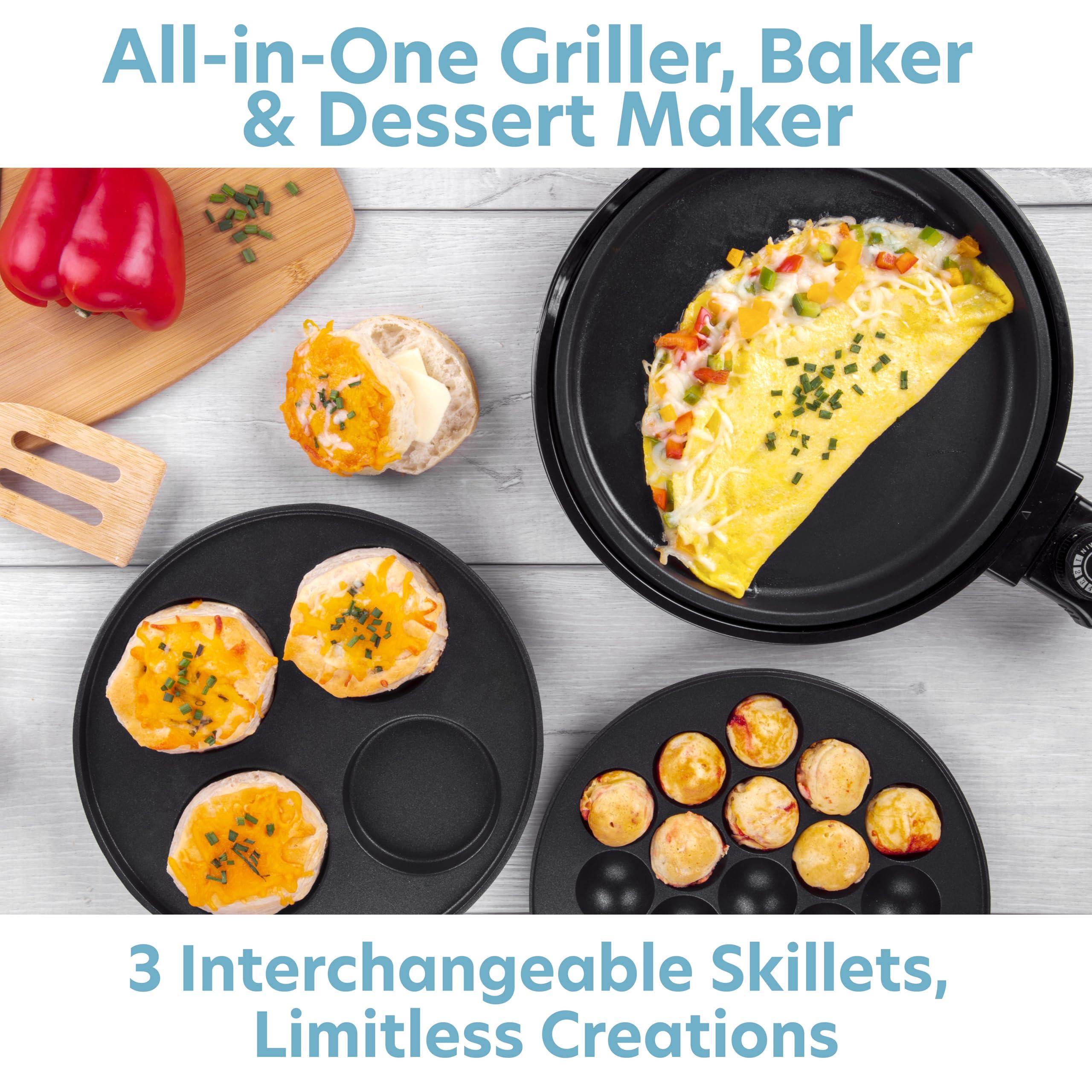 CucinaPro Multi Baker Deluxe- Baking Made Easy- Electric Appliance w Temp Control, 3 Interchangeable Skillets for Grilling Baking or Dessert Making- Grilled Cheese Omelets Pizza, Sandwiches, Cake Pops Xmas Gift
