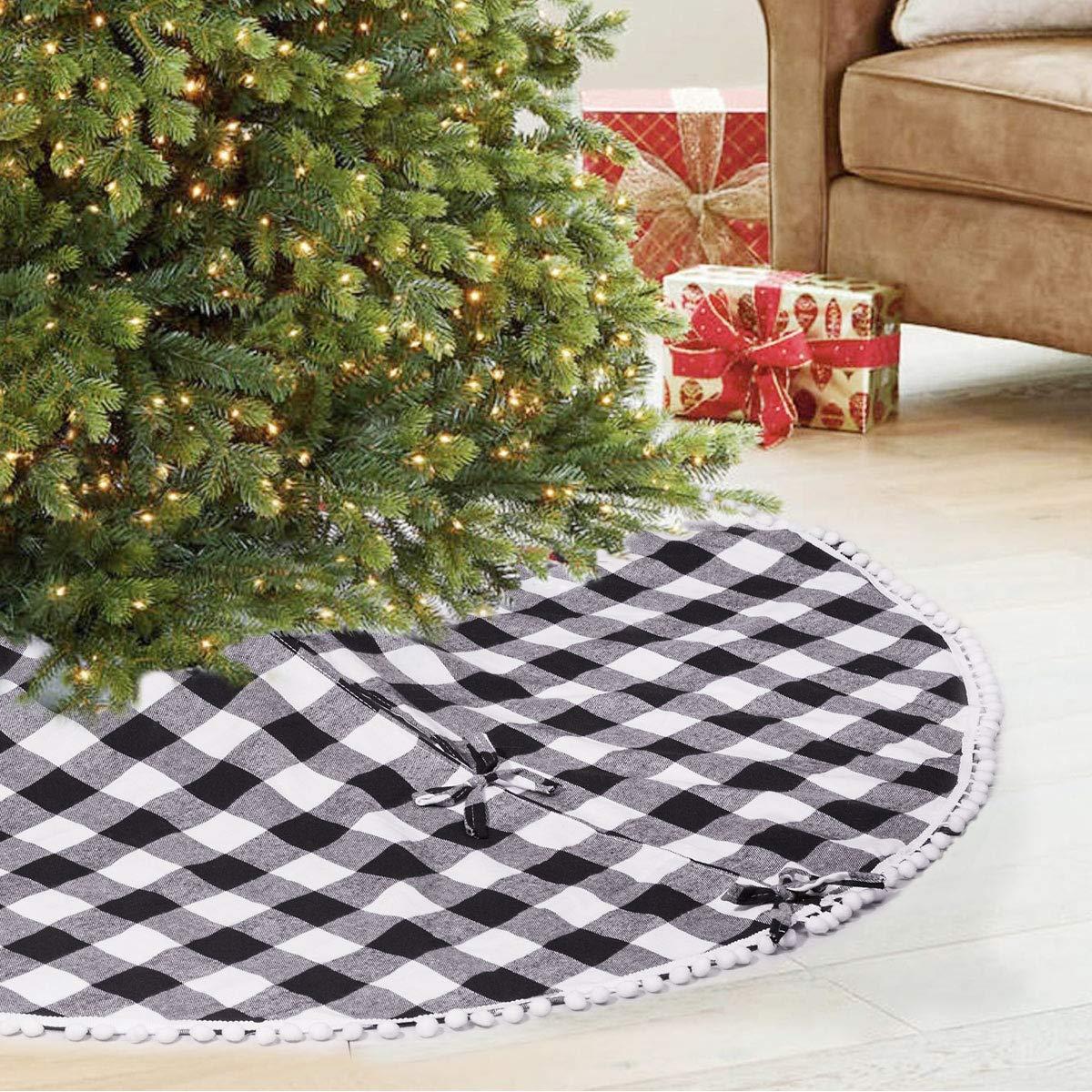 SevenFish SevenFish 48 inch Buffalo Plaid Christmas Tree Skirt Black and White Buffalo Check Tree Skirt with Pom Pom for Christmas Decorations