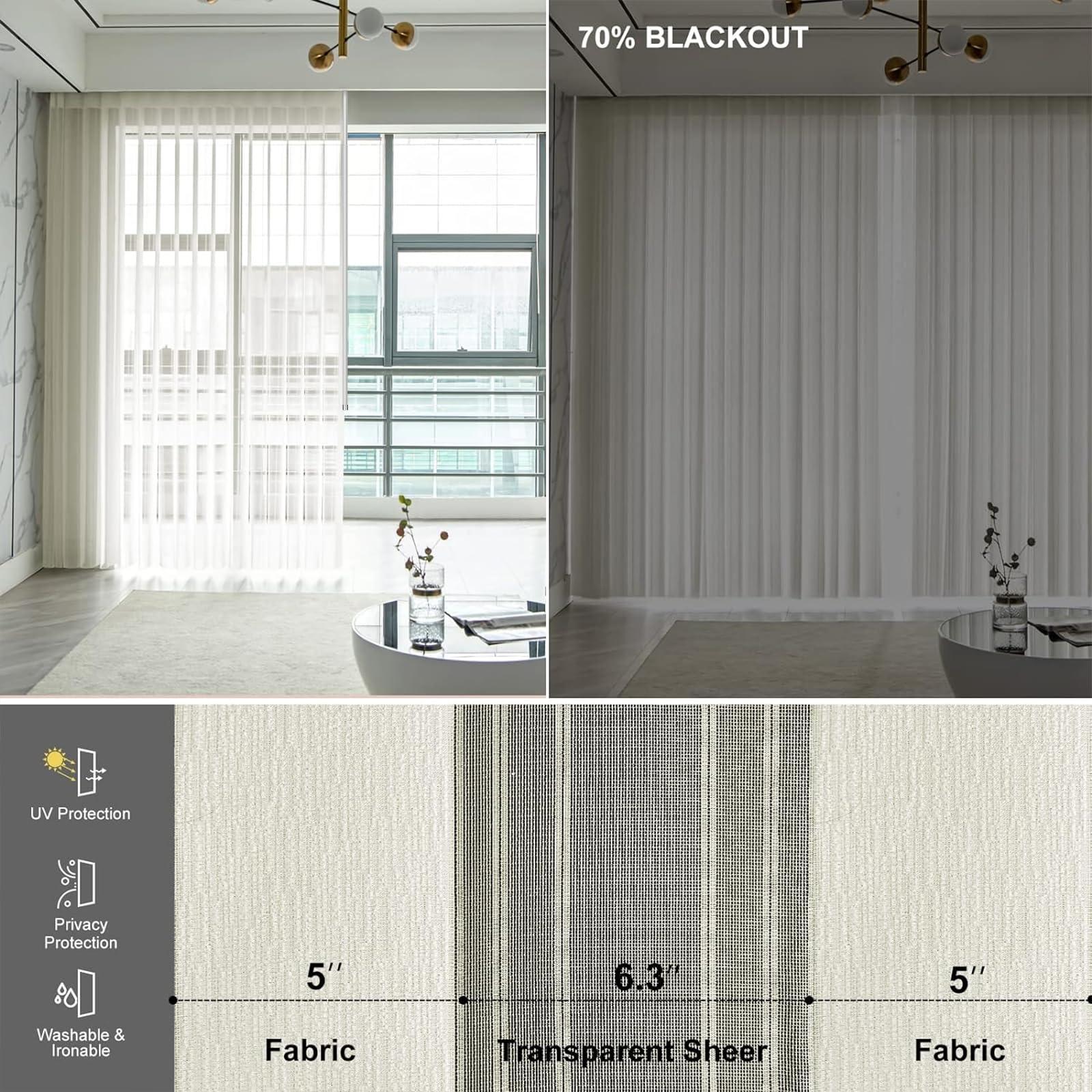 Graywind Graywind Manual Sheer Vertical Blinds Custom Size Adjust Light Fabric Sheer Free Wand Control Privacy Light Filtering Track Slats Set for Patio Sliding Glass Door Large Window (Striped Beige)