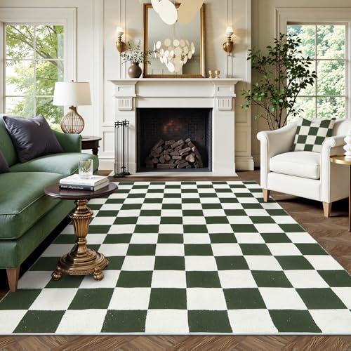 Lahome Lahome 6x9 Green Checkered Rug for Bedroom Boy Room, Modern Large Cotton Woven Checkerboard Green and White Rug, Retro Washable Art Decor Carpet for Living Room Home Decor