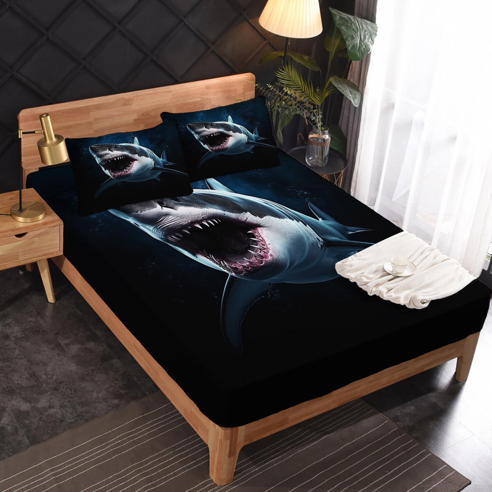 Zhrylliq Zhrylliq Shark Sheets Queen Size, Ocean Animal Bed Sheets & Bedroom Decor, Sea Life Bedding Set 4 Piece - 16 Inch Deep Pocket Fitted Sheet,1 Flat Sheet, 2 Pillow Cases, Microfiber, Blue