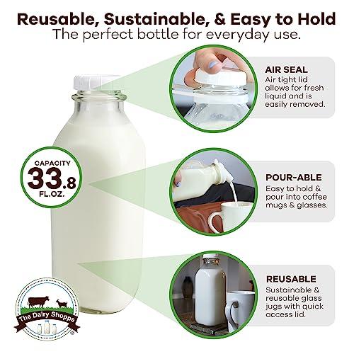 The Dairy Shoppe The Dairy Shoppe Heavy Glass Milk Bottle - Jug with Lid and a Silicone Pour Spout - Clear Milk Container for Fridge - Reusable Glass Milk Jug Dispenser - Made in USA (33.8 oz, 1 Pack)