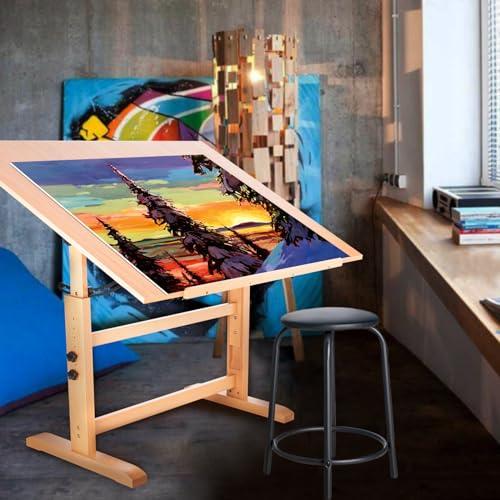 Falling in Art Falling in Art Wooden Drafting Table and Stool Set, 30\" x 42\" Adjustable Height and Angle Solid Wood Drawing Desk for Adults, Artist Craft Table for Painting Artwork, Reading, and Writing