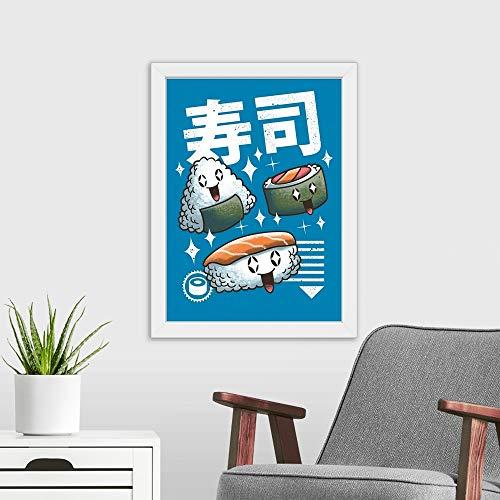 CANVAS ON DEMAND Kawaii Sushi White Framed Art Print, Food Artwork