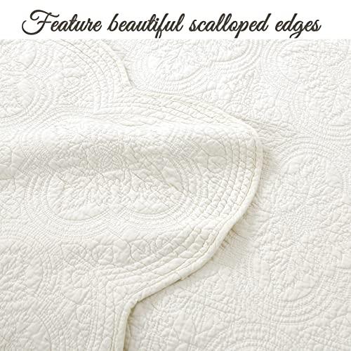 Cozy Line Home Fashions Cozy Line Home Fashions Victorian Medallion Solid Ivory Embossed 100% Cotton Bedding Quilt Set,Coverlet,for Bedroom/Guest Room (Blantyre - Ivory, Twin - 2 Piece)