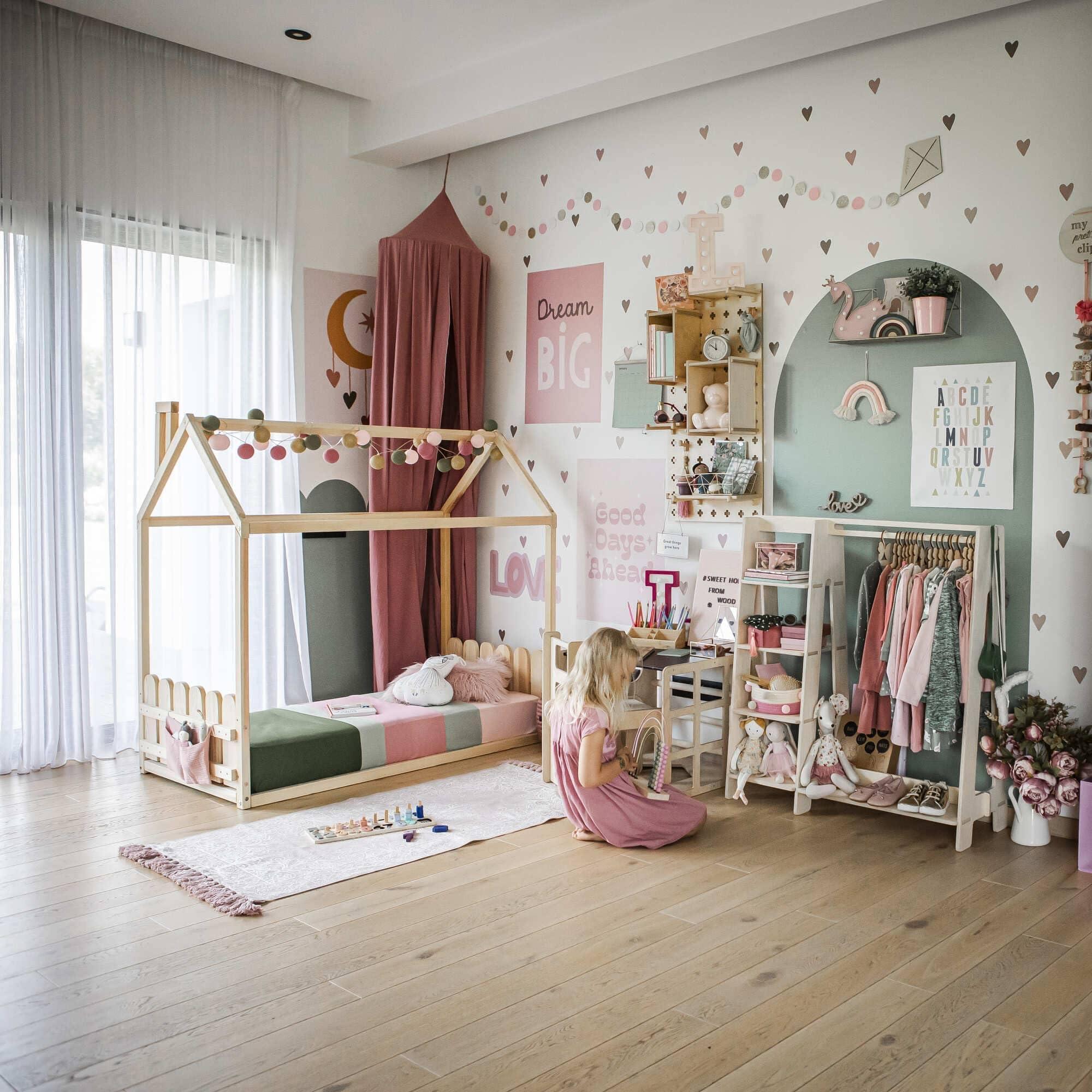 Sweet Home From Wood Montessori house bed with rails, Montessori toddler house bed frame, Toddler floor level bed with rails