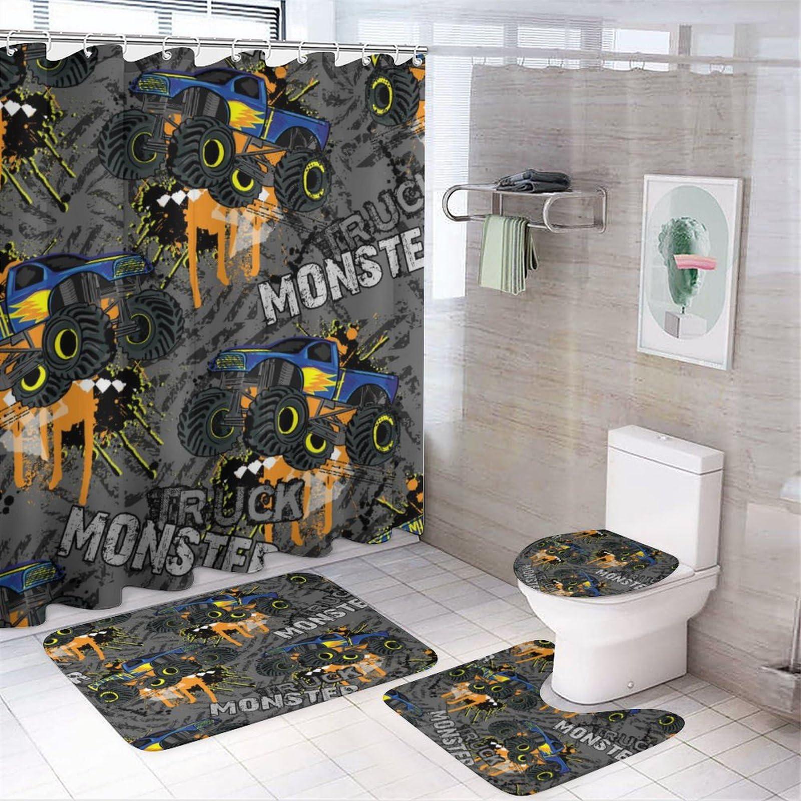 JretailAx Abstract Monster Truck Car Shower Curtain Sets 4 Piece,Boys Shabby Paint Style Sports Theme Monster Trucks Bathroom Decor Sets with Rugs Include Waterproof Non-Slip Toilet Lid Cover Bath Mat