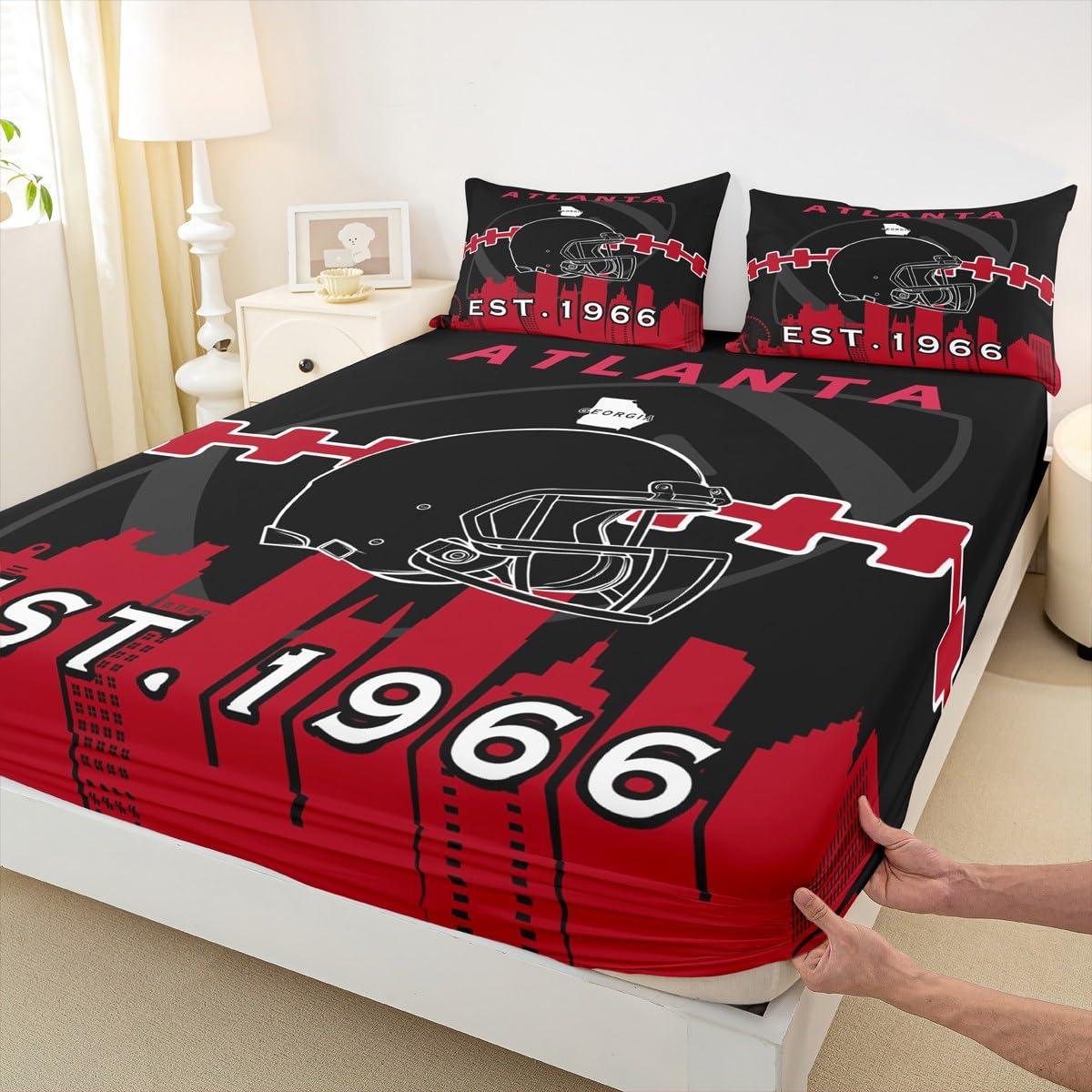 Erosebridal Erosebridal Football Fitted Sheet Twin Size for Football Fan,American Football Bed Sheets for Kids Boys Girls,Football Players Bed Set,Rugby Bedding Set with 1 Pillowcase(Atlanta),Black Red