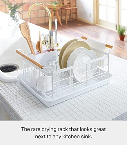 YAMAZAKI Yamazaki Home Dish Rack with Removeable Drainer Tray, Kitchen Counter Dish Drying Organizer Holder Steel + Wood One Size White