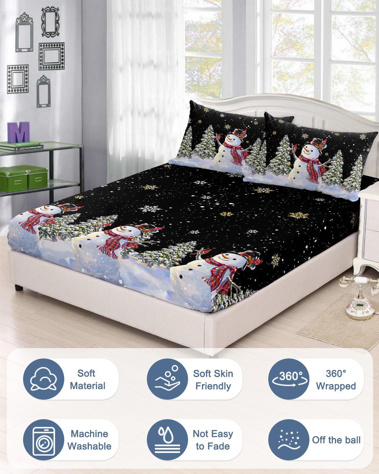 Alandar Home King Fitted Bed Sheet Deep Pocket,Merry Christmas Snowman Christmas Tree Bedding Sheet Soft Brushed Microfiber Fitted Sheets,Winter Snowflakes Black Hotel Luxury Fitted Bottom Sheet Pillowcase Set