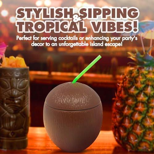 Podzly Podzly - 12 Piece Tropical Luau Theme Coconut Cups - 12 Oz Hawaiian Plastic Mugs with Straw and Removable Lid - Set for Drinking Cups or Party Favors - Perfect for Beach, Pool, and Tiki Parties