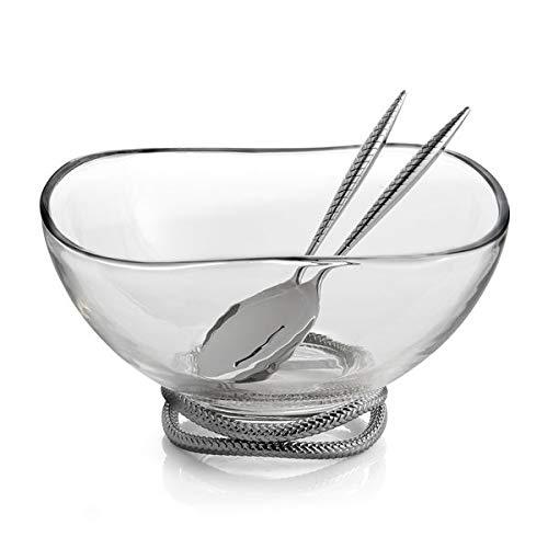 nambe nambe Braid Glass Salad Bowl with Servers | Large 12-Inch Mixing and Serving Dish | Thick Glass Bowl for Salads, Fruit, and More | Stainless Steel Serving Spoons | Dishwasher Safe