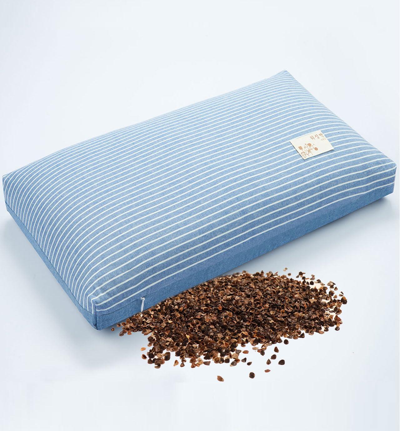 EDMILE EDMILE Buckwheat Bed Pillows for Sleeping, Firm Adjustable Pillow for Neck Pain Relief, Hard Flat Neck Support Pillow, Buckwheat Hull Meditation Cushion with Pillowcase, Blue 24\"X14\"