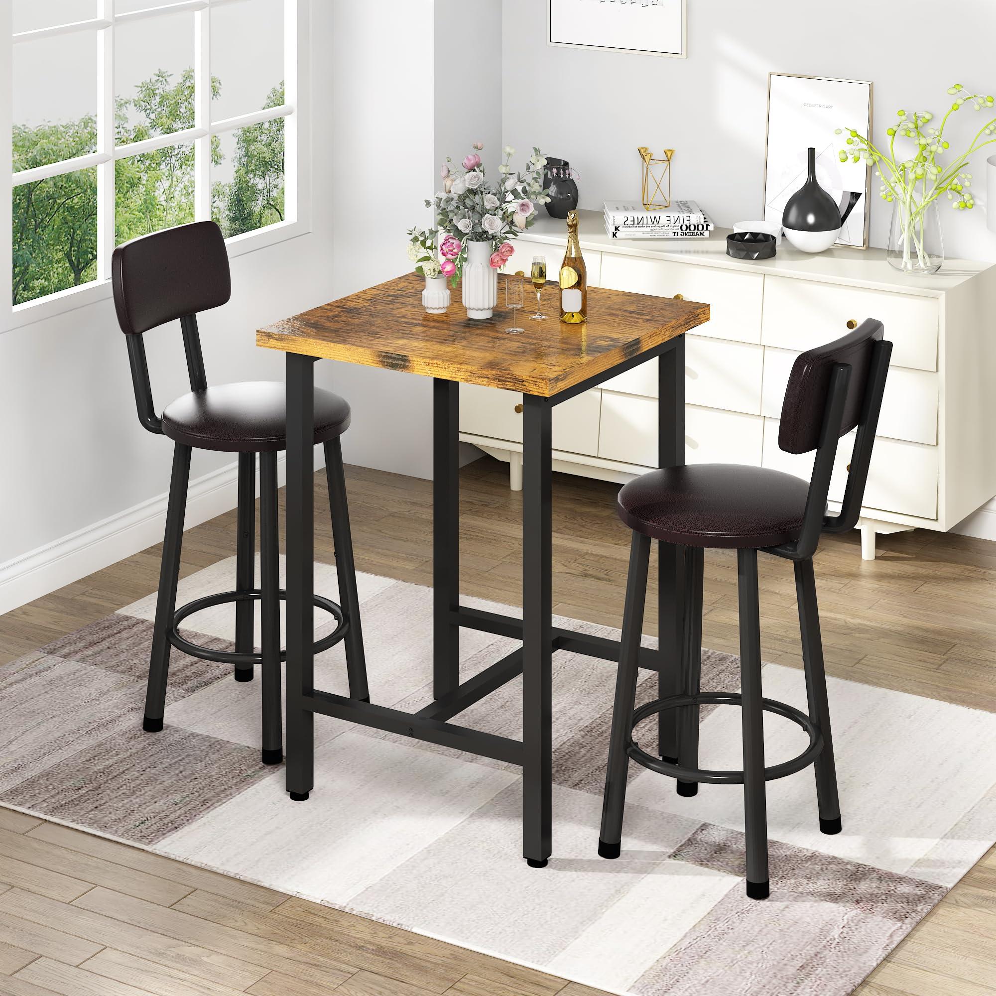 Recaceik Recaceik 3 Piece Pub Dining Set, Modern bar Table and Stools for 2 Kitchen Counter Height Wood Top Bistro Easy Assemble for Breakfast Nook Living Room Small Space Restaurant, Rustic Brown 24