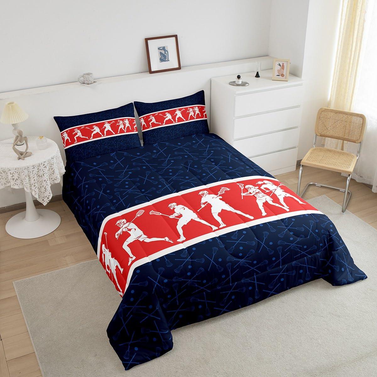 Feelyou Feelyou Lacrosse Comforter Set Twin Size Boys Gilrs Sports Bedding Set for Kids Adults Soft Lacrosse Player Games Comforter Navy Blue Red Duvet Set Room Decor Quilt 2Pcs Boys