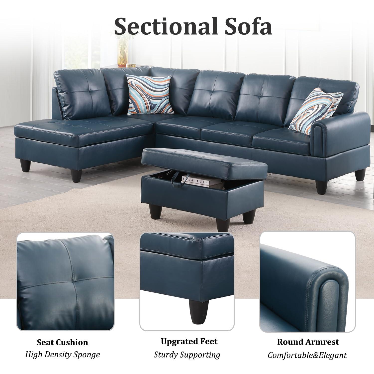 Ocstta Sectional Sofa Set Faux Leather Couch, L Shape Couch for Living Room, Sectional Couch Living Room Furniture Set with Ottoman (Left Hand Facing, Denim)
