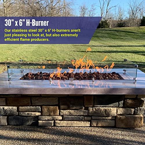 American Fireglass American Fire Glass H-Burner Kit for Natural Gas, 30\" x 6\" | Stainless Steel for Indoor & Outdoor use in Natural Gas Fire Pit or Fireplace | Non-Whistle, Flexible Flex Gas Line