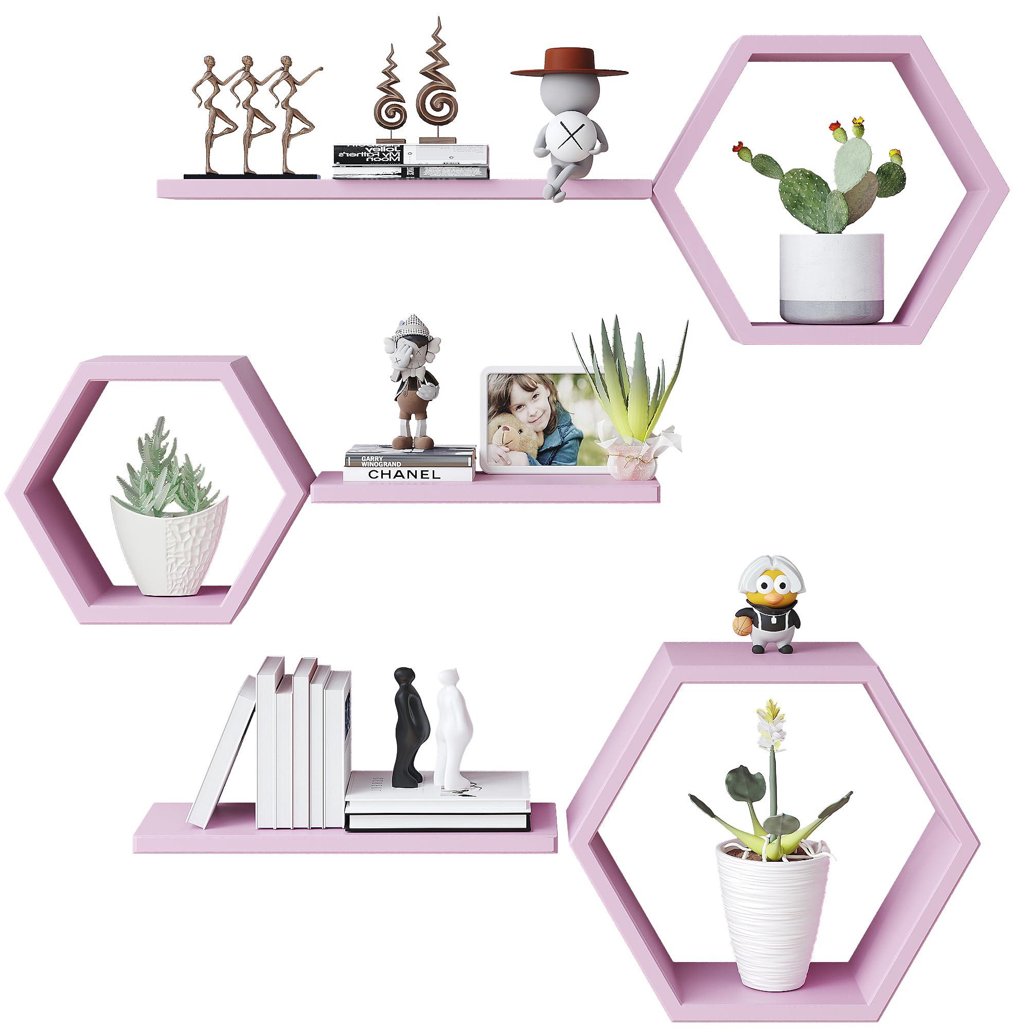 LUDORU LUDORU Wooden Hexagon Floating Shelves Wall Mounted,Set of 6 Pine Hexagon Shelves Display for Photos,Plants,Rustic Honeycomb Shelves for Living Room,Bedroom,Bathroom, Kitchen, Office Decor, Pink