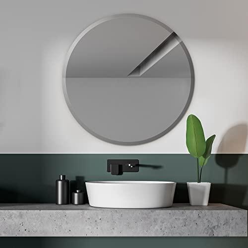 Fab Glass and Mirror Fab Glass and Mirror Frameless Round Safety Backing 1\" Beveled Edge Mounted with Hooks-Bathroom Wall Mirror, 36\" x 36\", Silver
