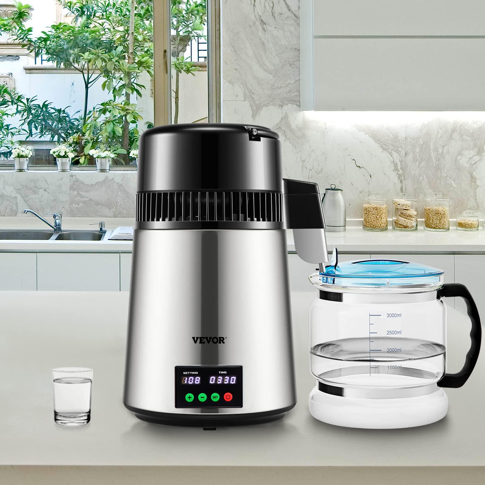 VEVOR VEVOR 1.1 Gal Water Distiller, 0.3 Gal/H, Distilled Water Maker Machine 750W 0-99H Timing Set Temp Display, 304 Stainless Steel Countertop Distiller Glass Carafe Cleaning Powder 3 Carbon Packs, Silver