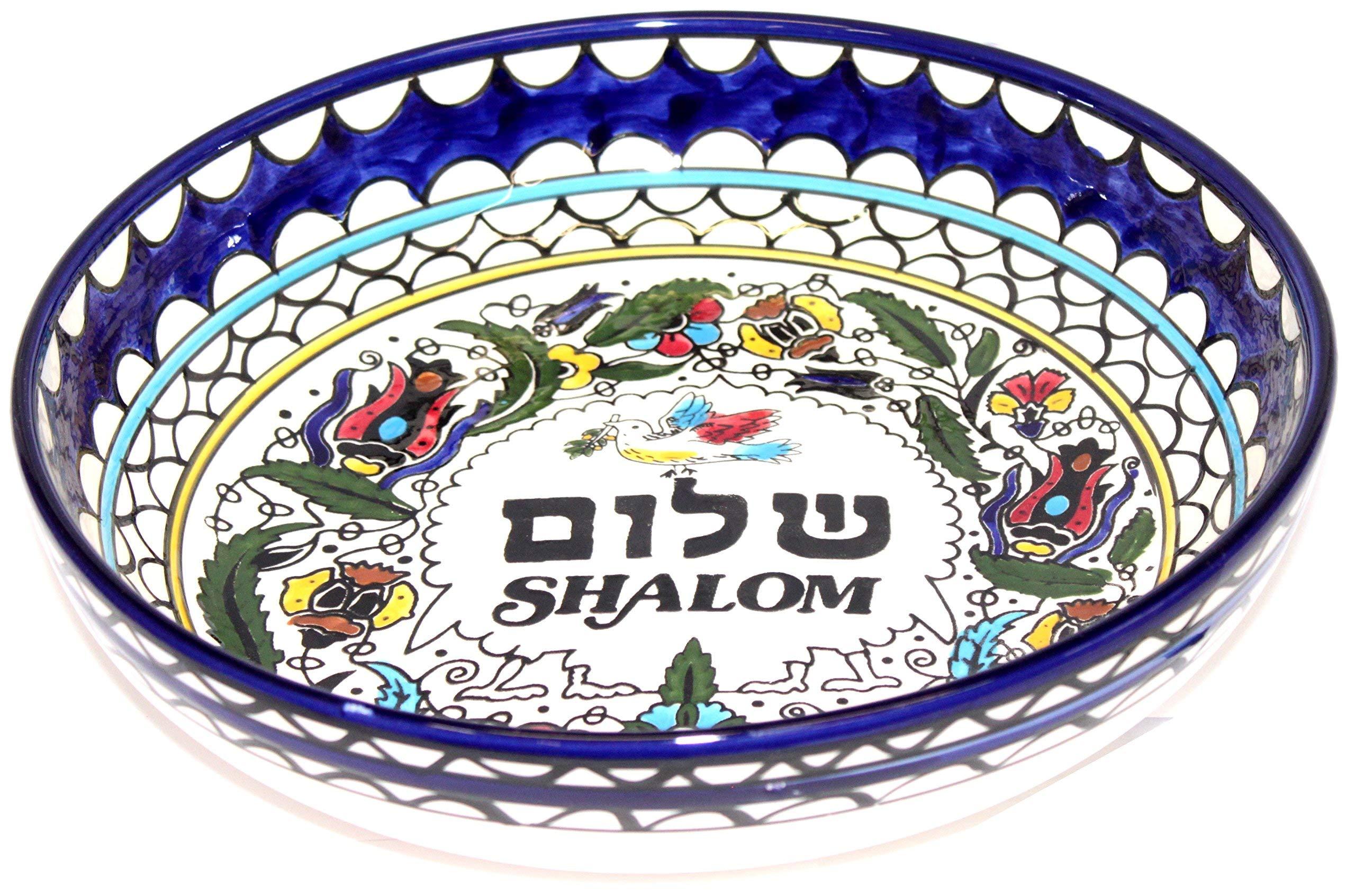 Holy Land Market Holy Land Market Shalom/Peace with Pigeon Armenian Ceramic Bowl - Large (12 inches in Diameter and 2.25 Inches deep) - Asfour Outlet Trademark