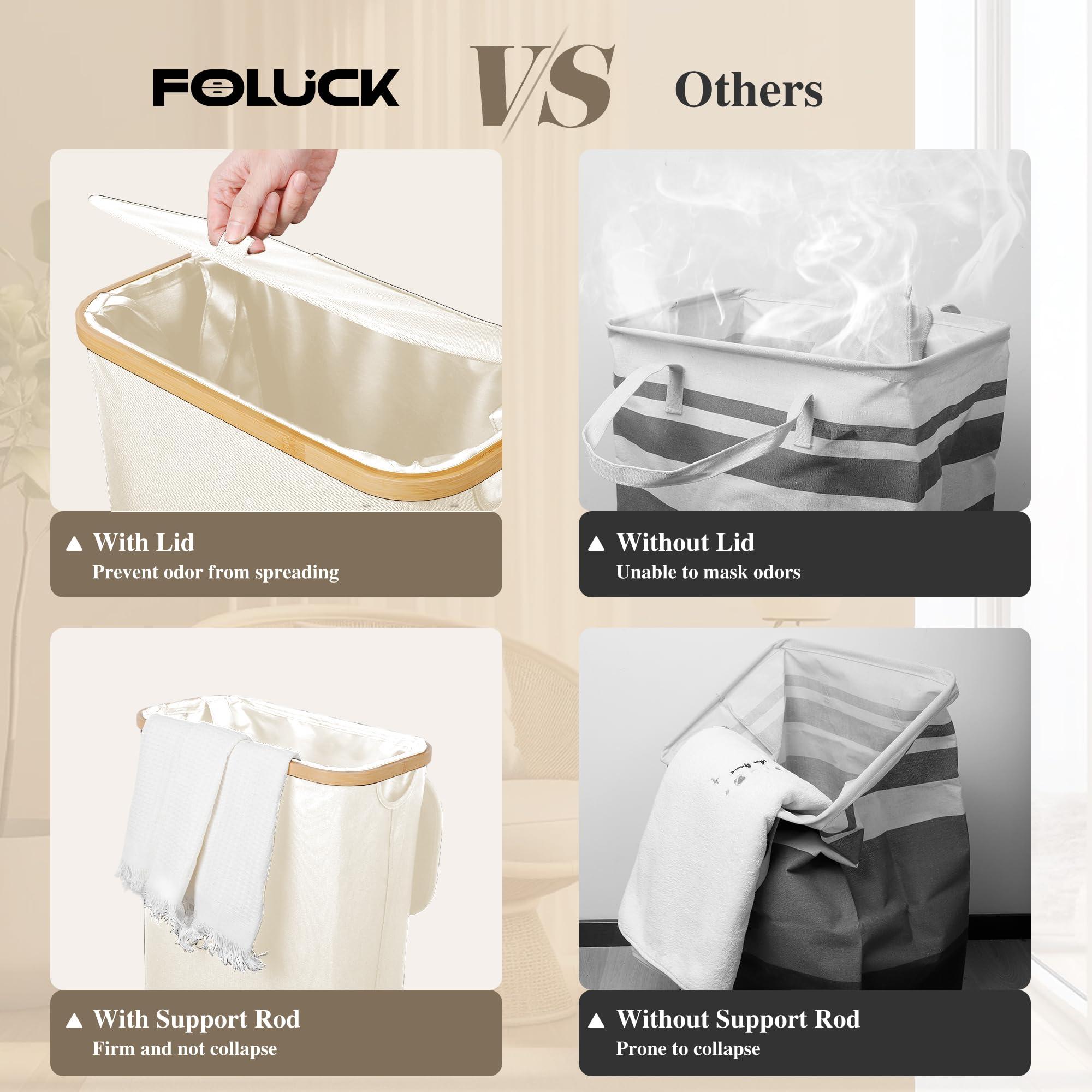 Foluck Foluck Slim Laundry Hamper, 60L Waterproof Narrow Laundry Basket with Lid and Removable Bag, Collapsible Tall Clothes Hamper with Bamboo Handles for Clothes Toys in Dorm Bedroom Bathroom, Beige