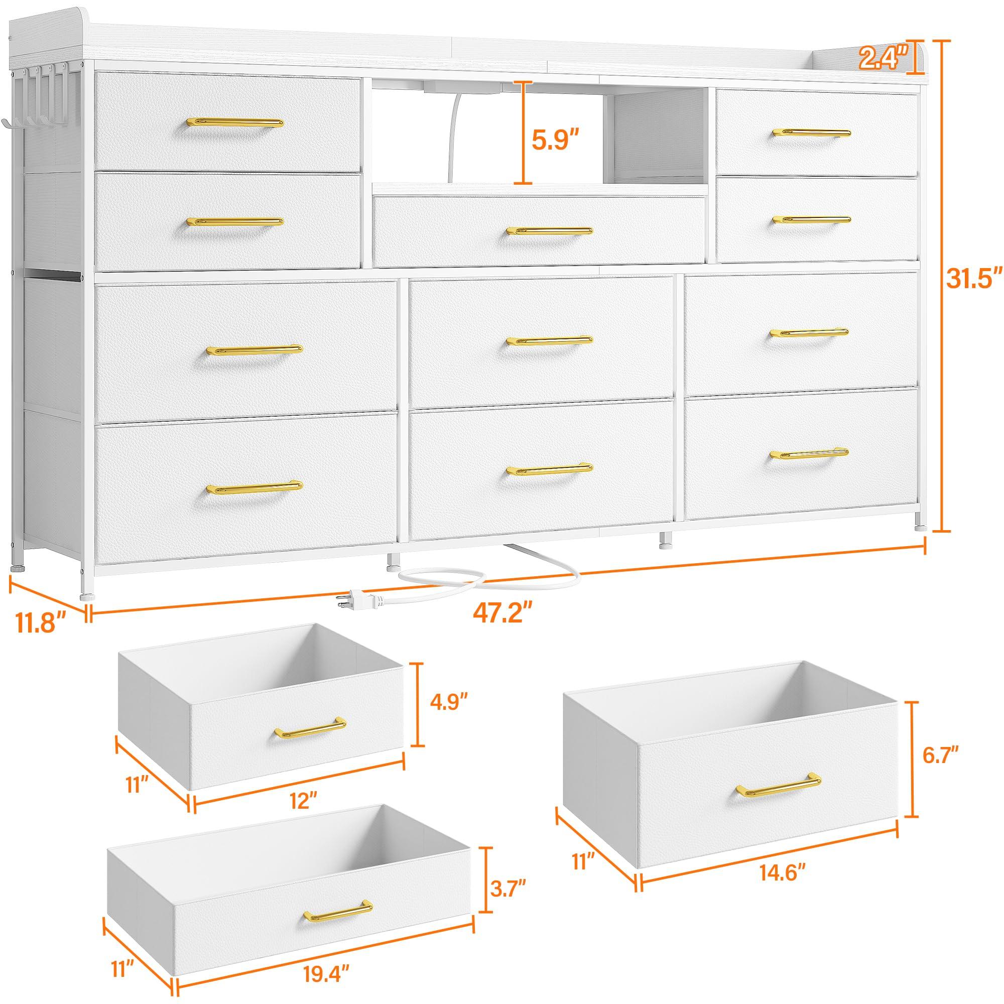 EnHomee EnHomee Dresser TV Stand with 11 Drawers for 60\" TV Stand for Bedroom with LED Lights & Power Outlets Long Dresser for Bedroom with Shelves & 4 Hooks Sturdy Metal Frame & Wood Top, White