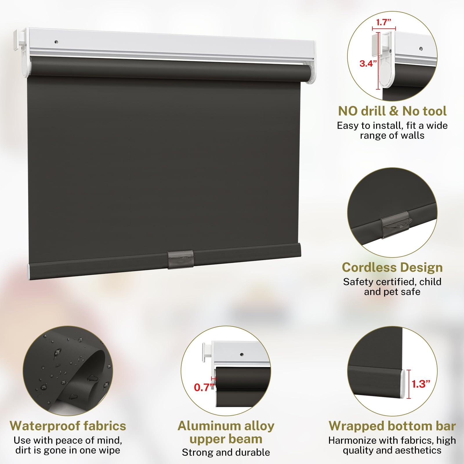 moonice Moonice No Drill Cordless Roller Blinds Waterproof Blackout Blinds for Windows, No Screw Roller Shades Thermal Insulated UV Protection Privacy Window Shades for Home,Office,Bedroom,Door,Dark Brown