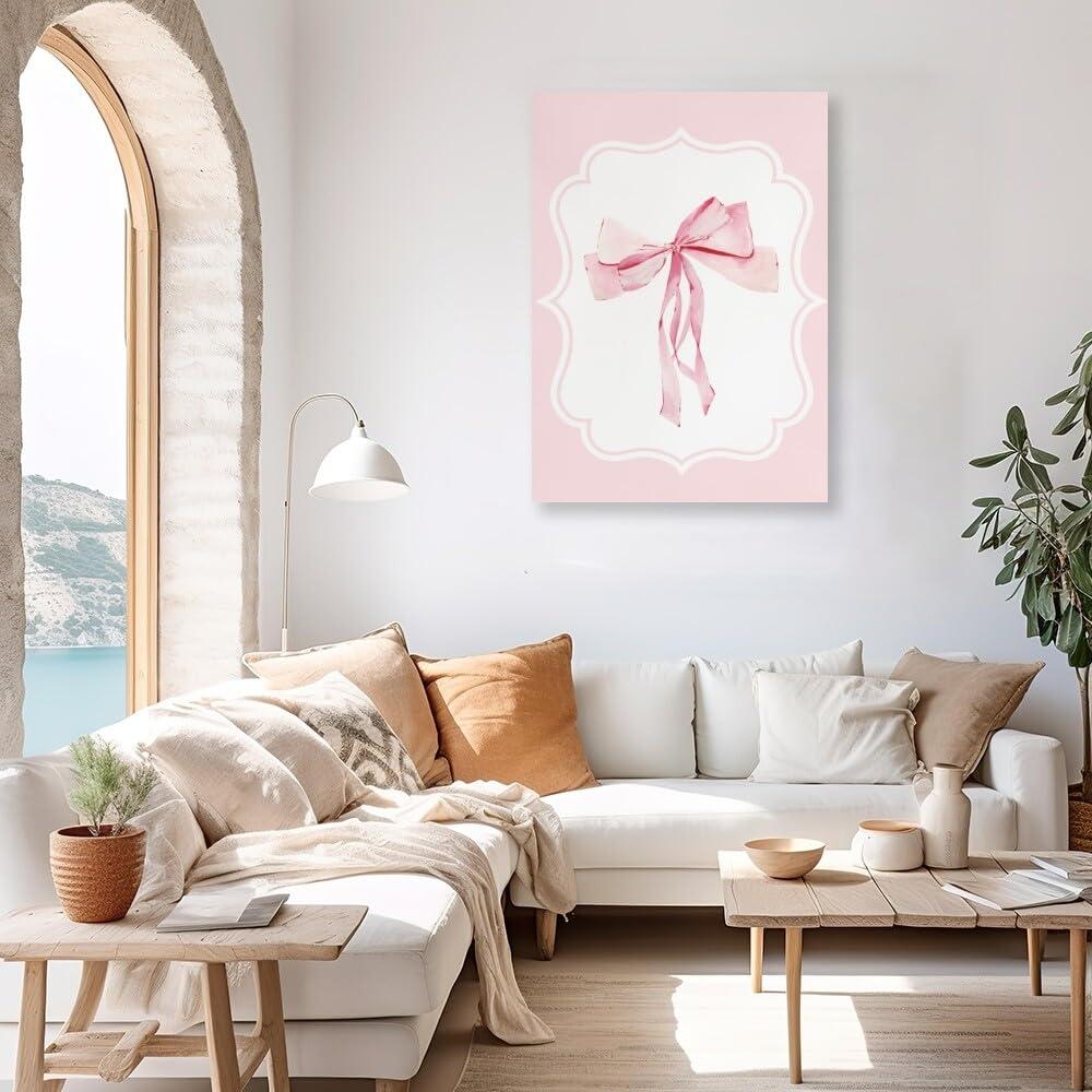 Generic Pink Bow Poster Coquette Wall Art Preppy Pink Coquette Bow Canvas Print Oil Painting Wall Art Preppy Poster Trendy Preppy Wall Art Teenage Girl Room Bedroom Wall Decoration12x18inch Unframed