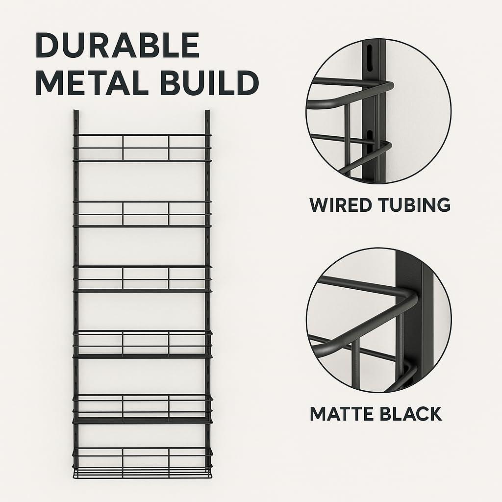 USTECH USTECH 6-Tier Heavy Duty Over The Door Pantry Organizer, Metal Hanging Storage Rack with Wired Tubing, Adjustable Shelves for Kitchen, Bathroom, Closet, Space-Saving Design, Black