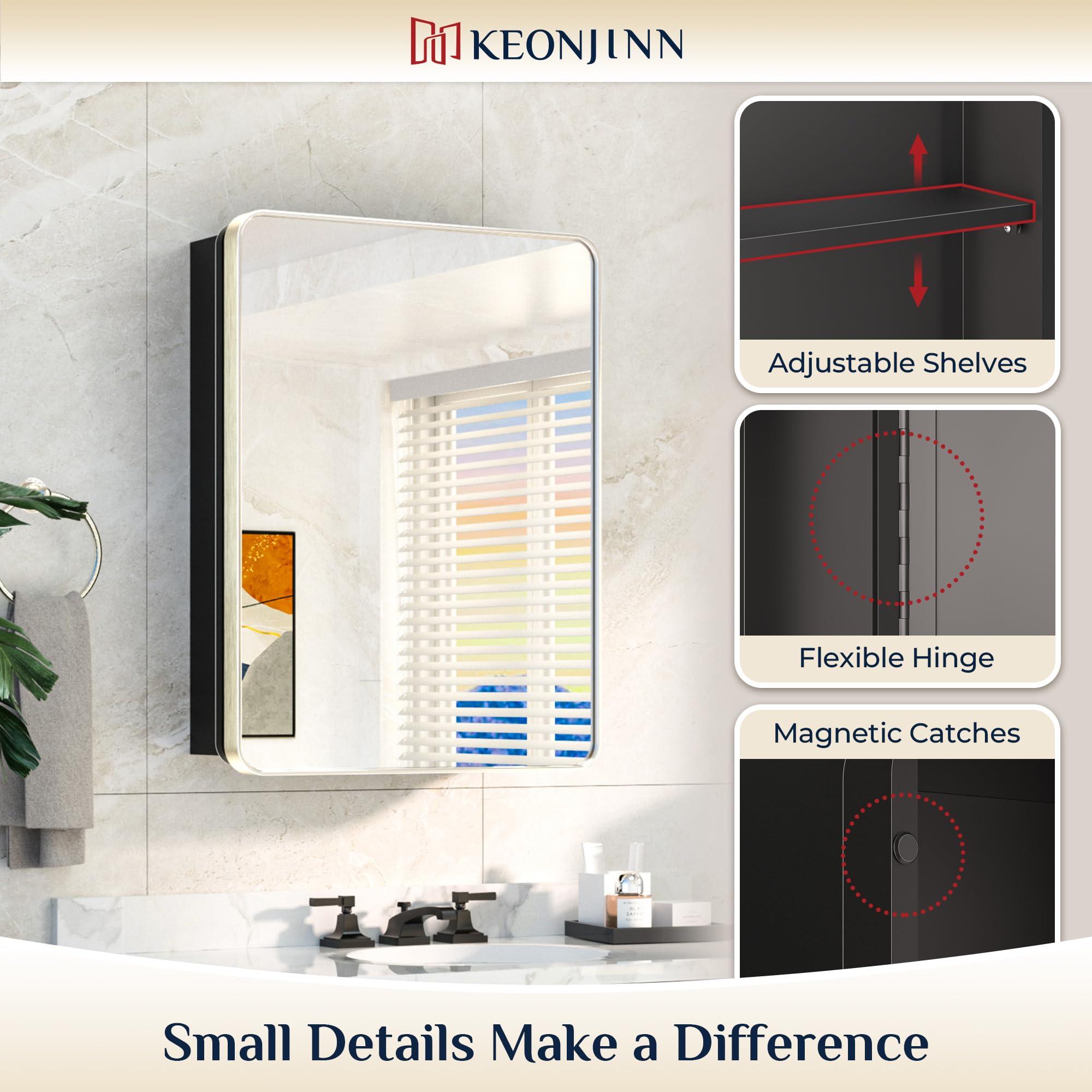 Keonjinn Keonjinn 16 x 24 Inch Brushed Nickel Medicine Cabinets for Bathroom with Mirror Stainless Steel Framed Rounded Rectangle Adjustable Shelves Modern Recessed Silver Medicine Cabinet for Bathroom Storage