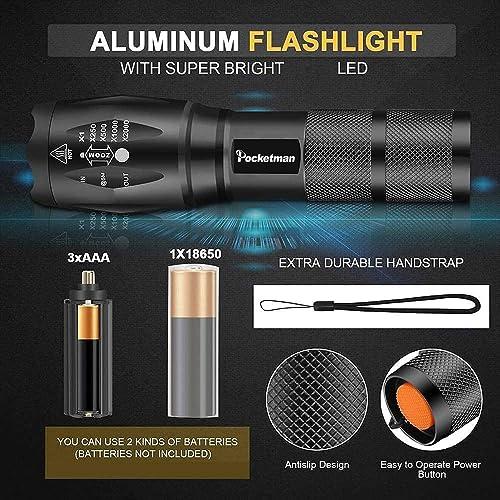 Pocketman LED Tactical Flashlight Super Bright 2000 Lumen LED Flashlights Portable Outdoor Water Resistant Torch with 5 Light Modes1Pack