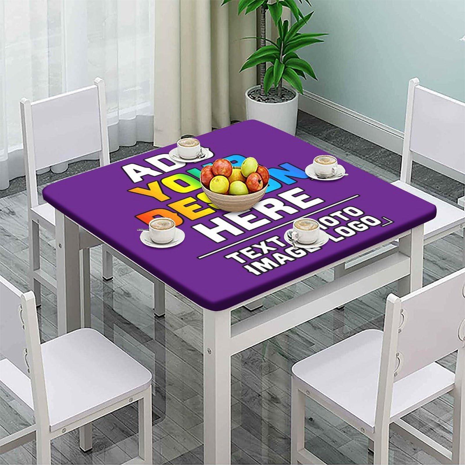 Pzwqkyn Pzwqkyn Custom Square Fitted Tablecloth, Customizable Add Your Picture Text Name Personalized Table Cover with Elastic Edge, for Wedding Banquet Picnic Party Use, Purple, Fits 24x24 in Table