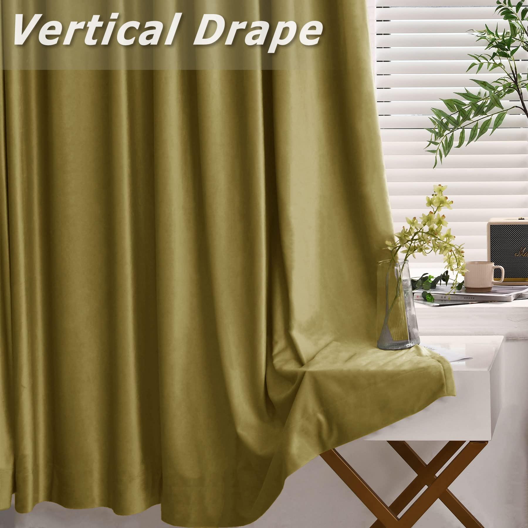 Frelement Frelement Room Darkening Velvet Drapes Flat Hooks Curtains for Traverse Rod and Track Thermal Insulated Curtains High Windows Loft Bedroom, 100" W x 156" L, 2 Panels, Golden Palm