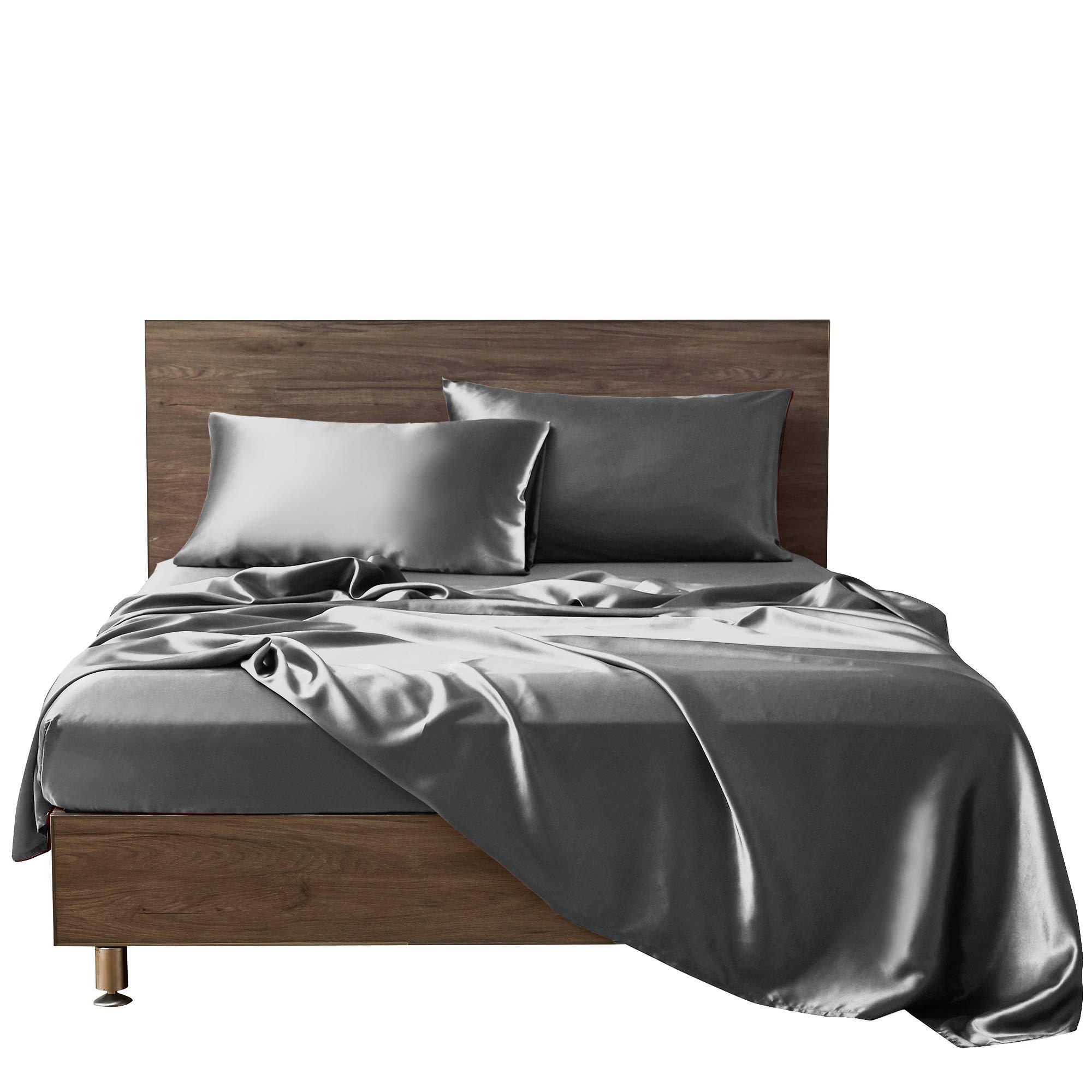 YASH BEDDING YASH BEDDING King Size 100% Pure Silk Satin Sheet Set 4pcs Silk Flat Sheet Silk Fitted Sheet 15\" Deep Pocket Mattress fit,& Pillowcases Cool Dark Gray Silk Sheets|Wrinkle Free Fade Resistant